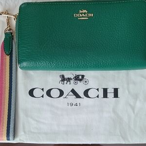 Coach Vibrant Green Wristlet with Striped Strap